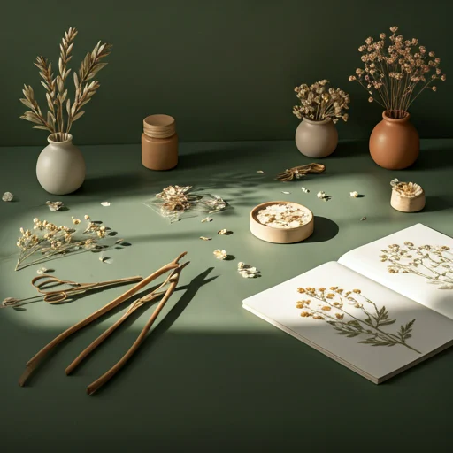 Mesa de trabajo con flores prensadas y láminas en el taller