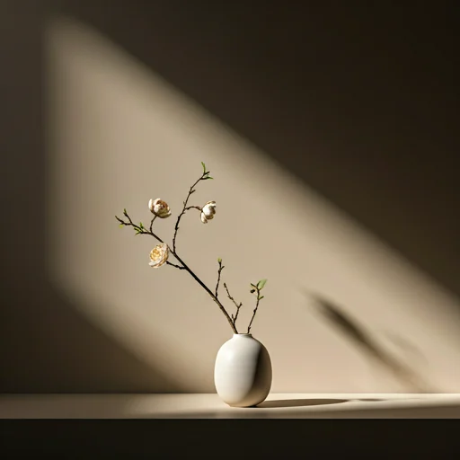 Composición de ikebana: una rama florida en un jarrón de cerámica