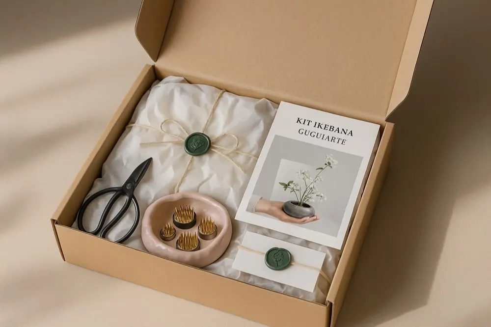 Kit de ikebana de Guguiarte: caja con tijeras, cuenco y kenzan