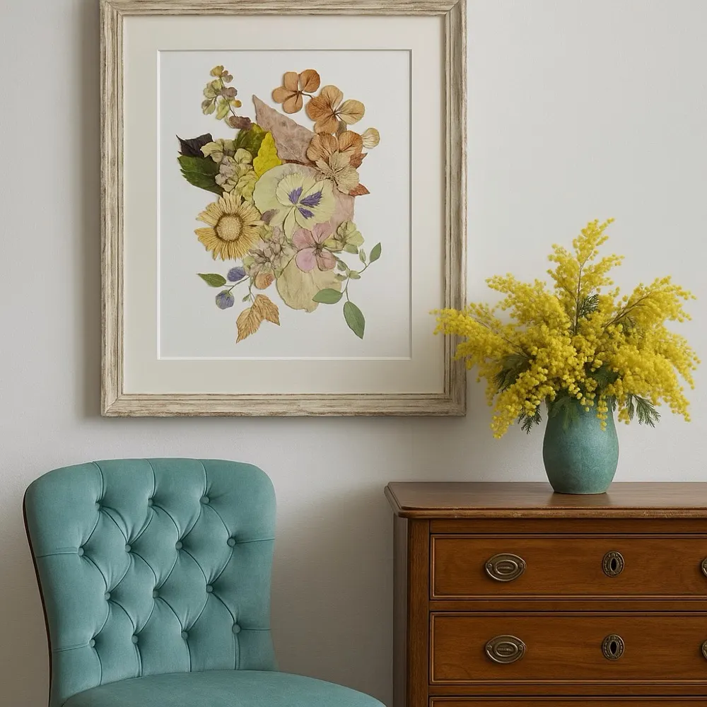 Cuadro de flores prensadas, pieza única, junto a una butaca turquesa